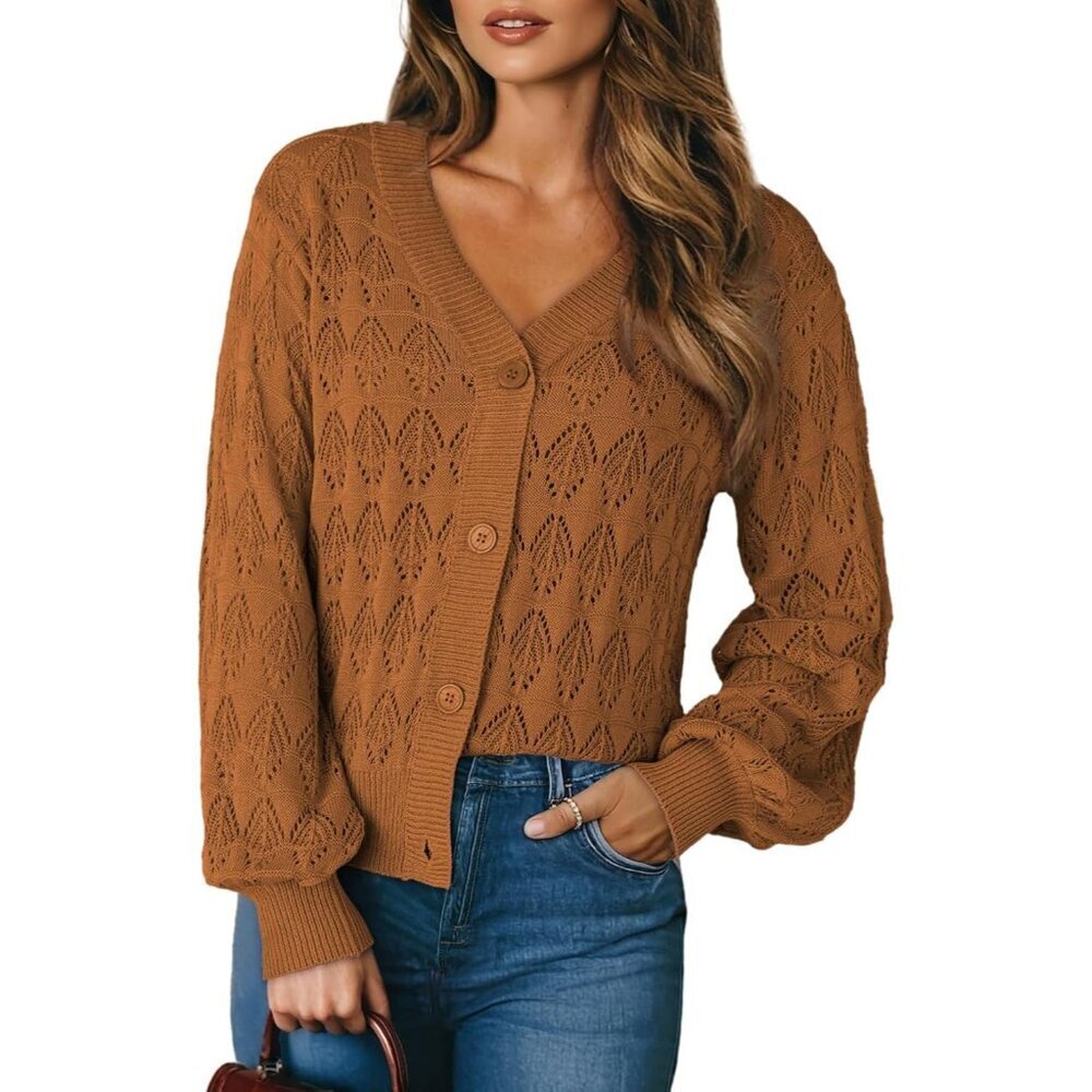 Women's Lightweight Crochet Cardigan Sweater Long Sleeve Open Front Casual